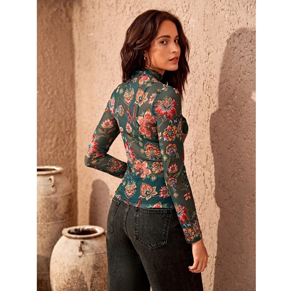 Green Multicolor Floral Print Mesh Sheer Shirt Top Long Sleeve - Picture 4 of 10
